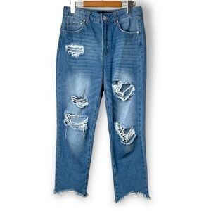 INDIGO REIN Ankle Grazer Distressed Straight Leg High Rise Jeans Sz 27